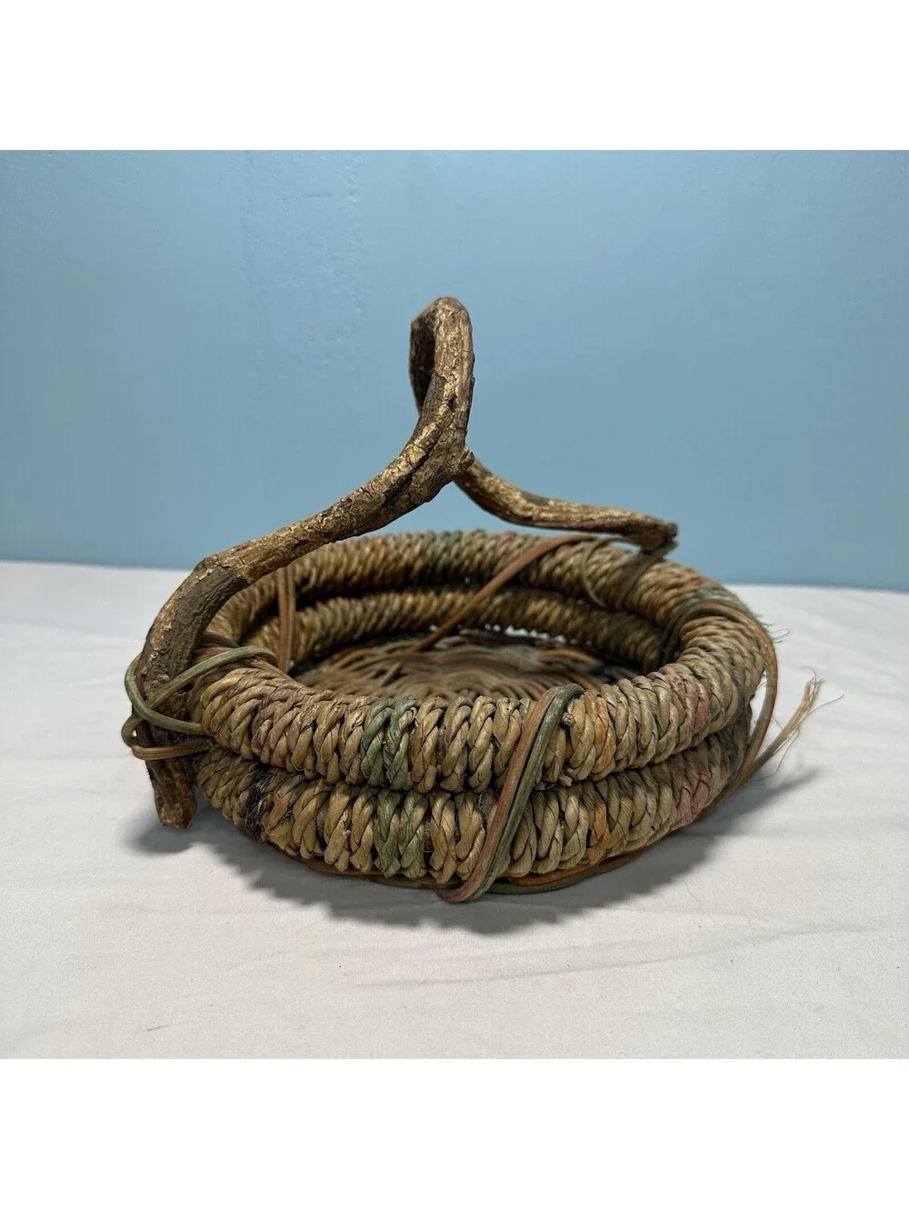 Vintage Rustic Twig Handle Woven Basket Boho Gathering Vine Handle Coil Wicker